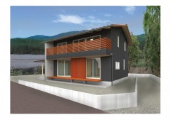 K様邸完成予想図　構造材は岐阜県性能表示材を使った補助金対象建物です。外壁はガルバニウム鋼板・角波8山とそとん壁の組合せです。
